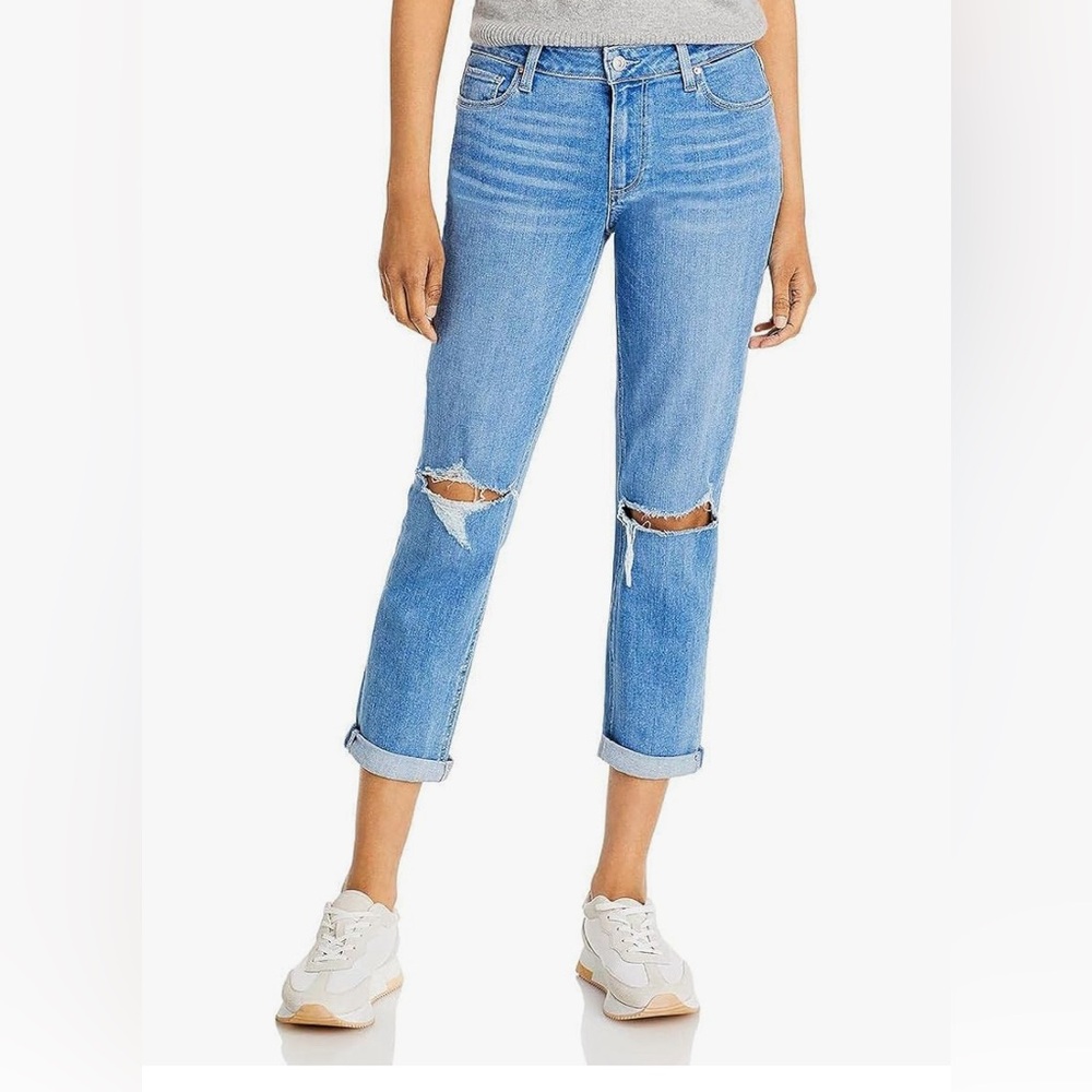 Paige Brigette Mid Rise Boyfriend Jeans Holes in Knees Size 28 Light Wash